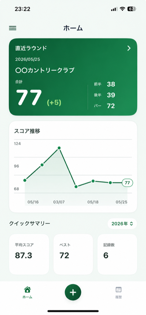 GolfScoreAIのホーム画面。直近ラウンド、スコア推移、クイックサマリーが表示されています。